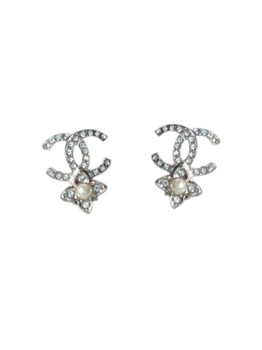 CC Logo Pearl Flower Earrings Silver Chanel