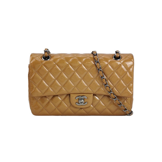 Chanel Timeless Classic Flap Medium Beige Gold Patent Leather Silver Hardware