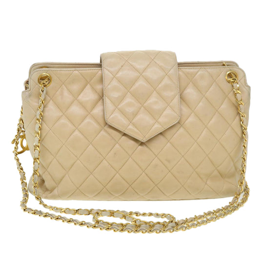 Chanel Chain Shoulder Bag Lamb Skin Beige CC Auth