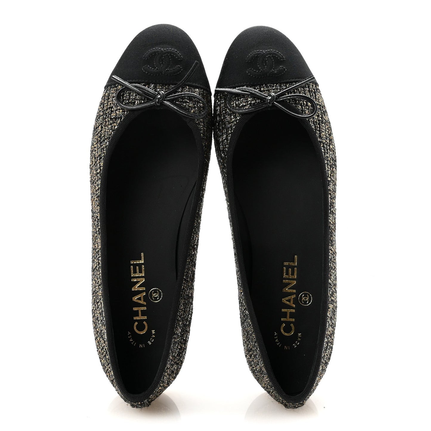 Tweed Grosgrain Cap Toe Ballerina Flats 39 Gold Black