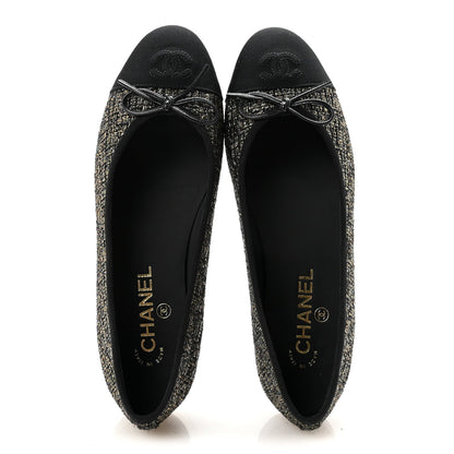 Tweed Grosgrain Cap Toe Ballerina Flats 39 Gold Black