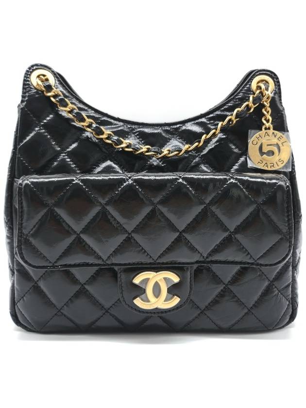 Hobo Handbag Shiny Crumpled Calfskin Gold Black Chanel
