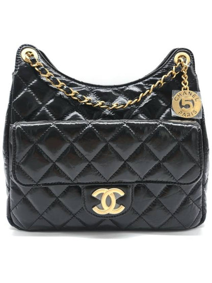 Hobo Handbag Shiny Crumpled Calfskin Gold Black Chanel