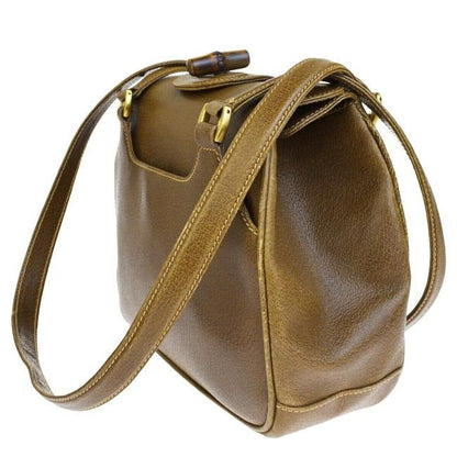 Gucci W Top Handle Purse Accent Brown Leatherbamboo And Shoulder Bag