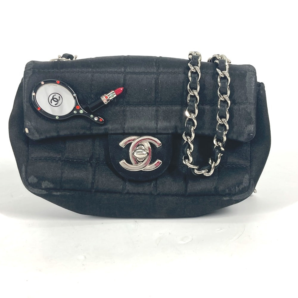 CHANEL Shoulder Bag Satin black bag pochette Lipstick Mirror CC COCO Mark Women Used