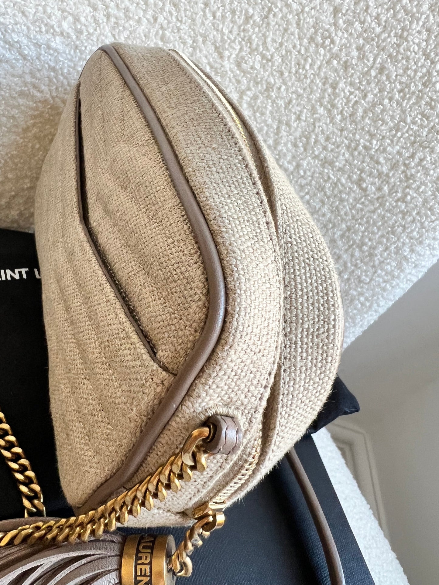 Yves Saint Laurent (YSL) Beige Linen Mini Lou Camera Bag