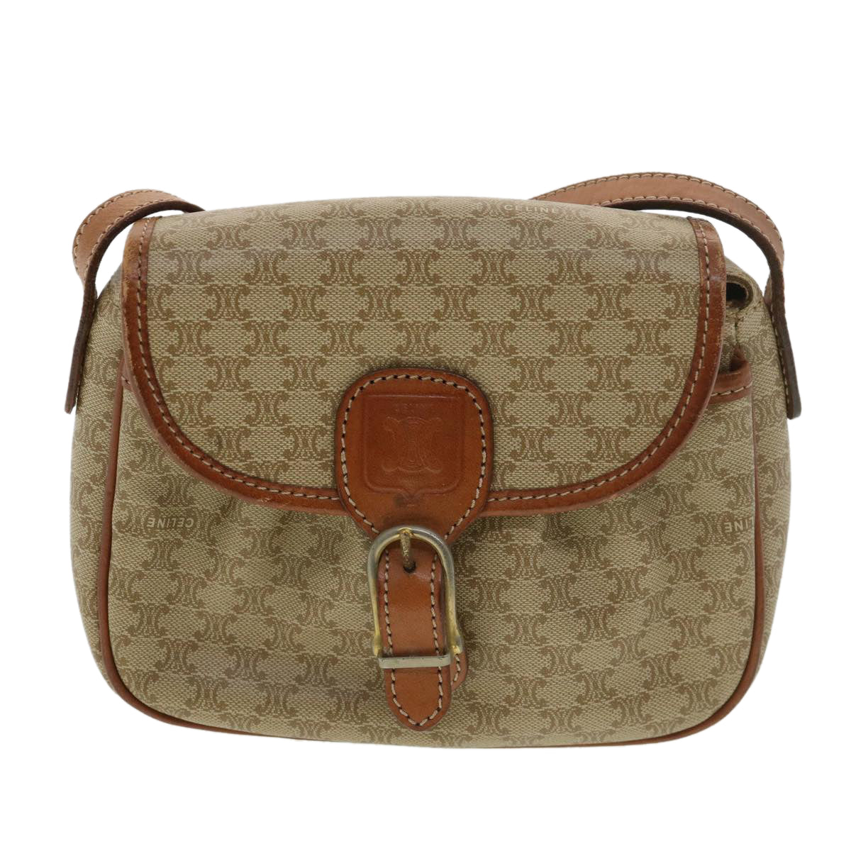 Celine Macadam Canvas Shoulder Bag PVC Leather Beige  39417
