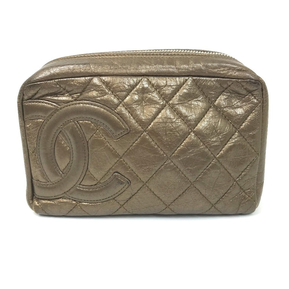 CHANEL Pouch leather gold Cambon line Cosmetics Pouch Quilted Women Used