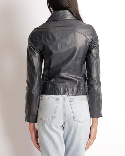 Chanel Navy Calfskin Leather Jacket with Quilted Details and Black CC Logo Buttons Size FR 34 (UK 6)