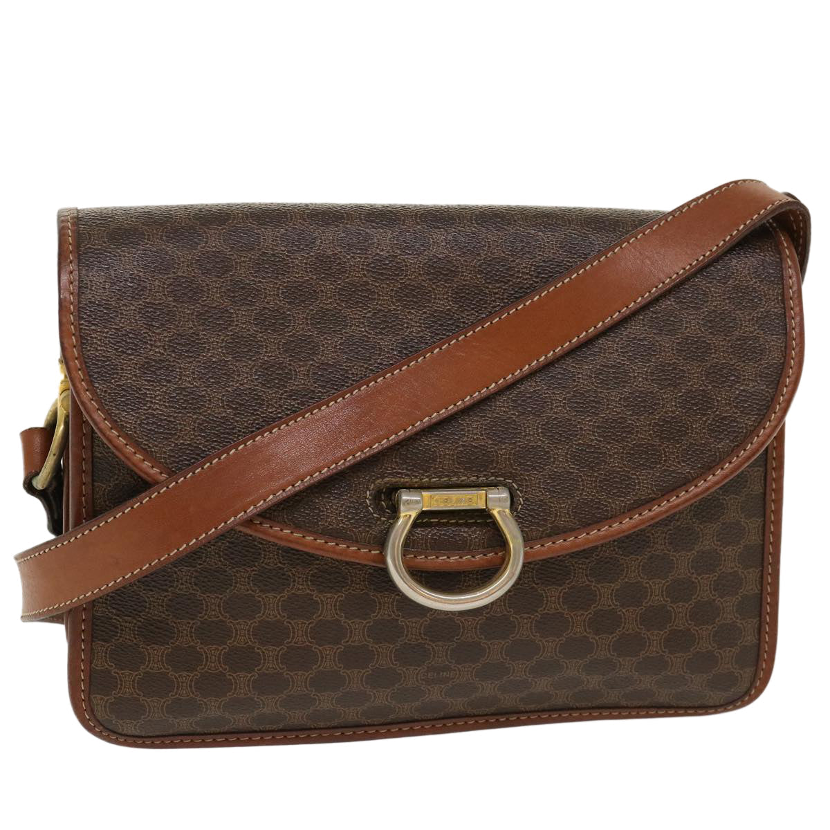 Celine Macadam Canvas Shoulder Bag PVC Leather Brown  39968