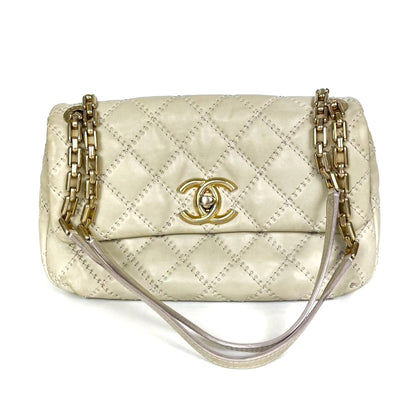 Calfskin Quilted Medium Wild Stitch Flap Beige