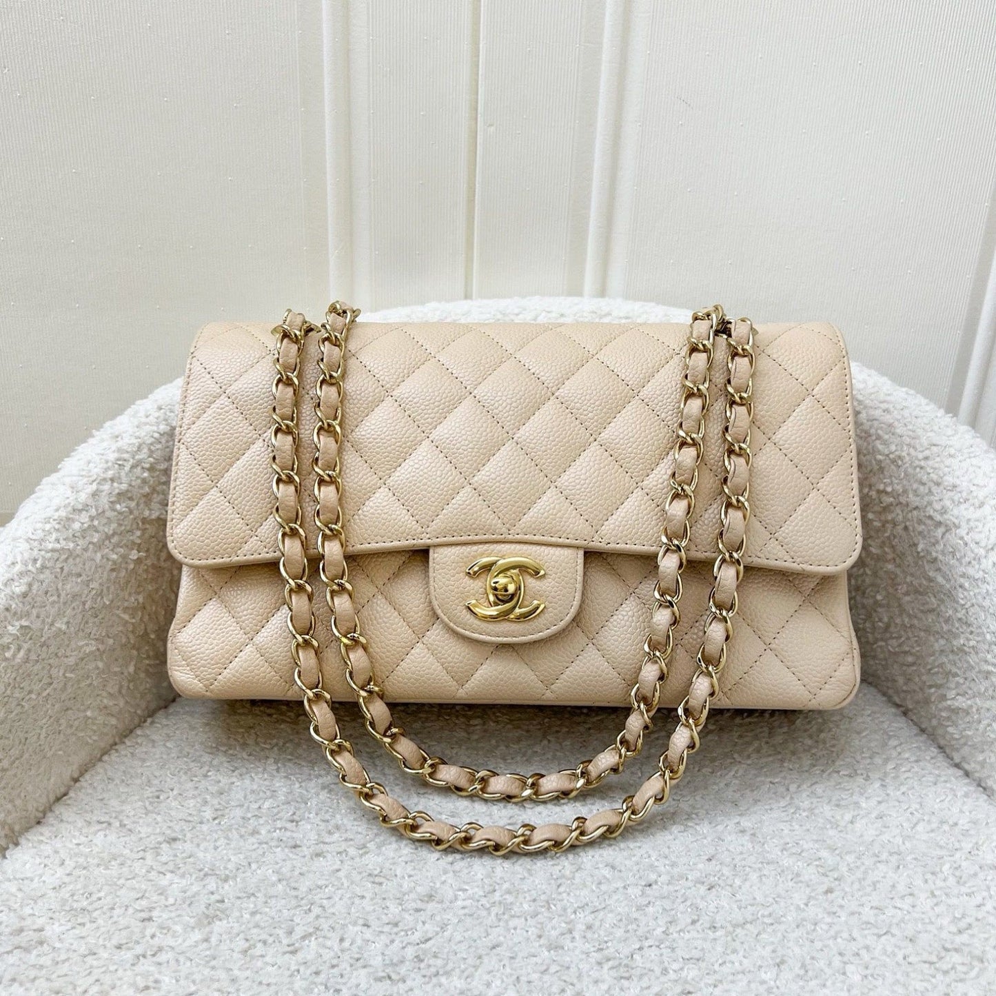 Chanel Medium Classic Flap CF in Beige Caviar and GHW