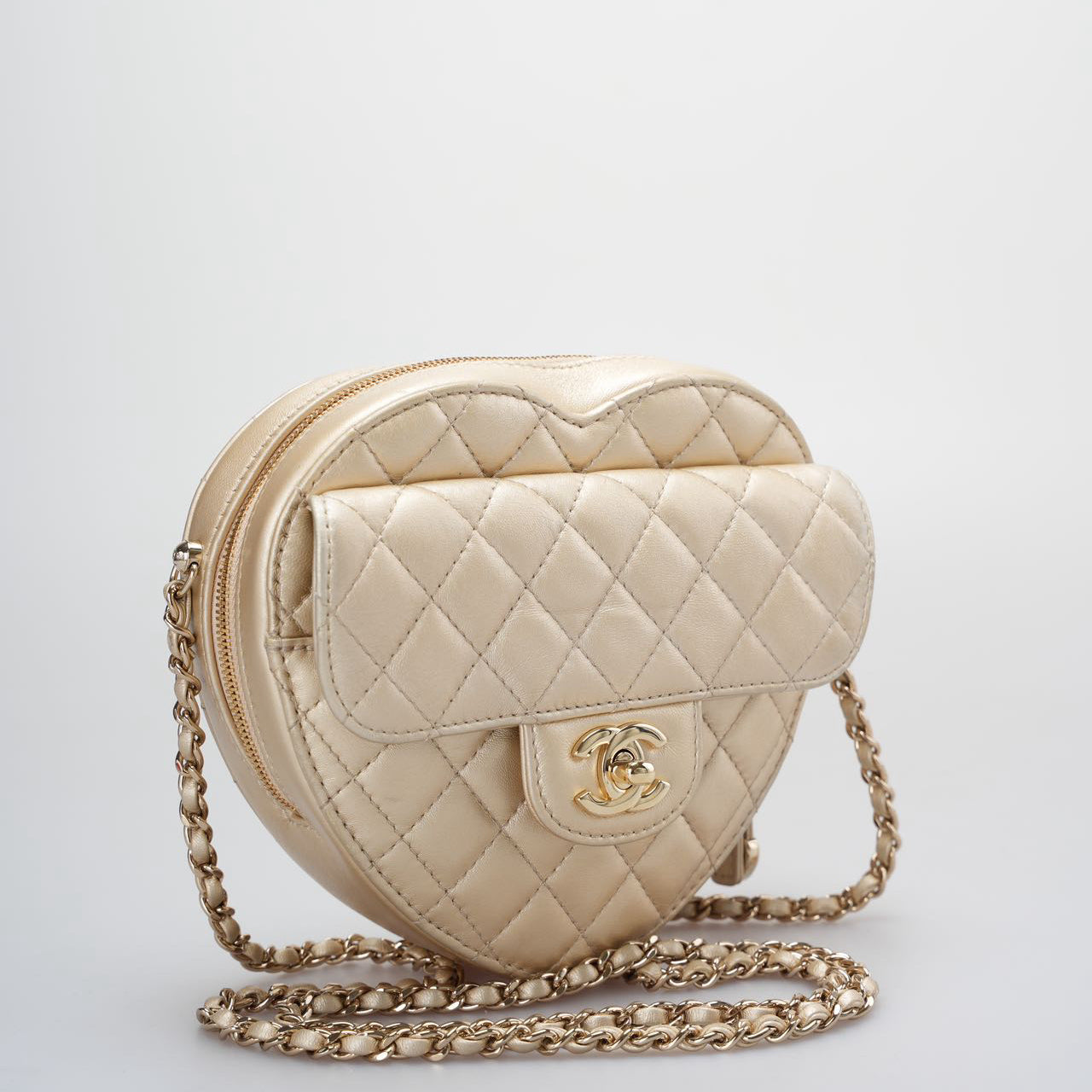 Chanel In Love Heart Bag  Champagne Gold Quilted Lambskin with Big C