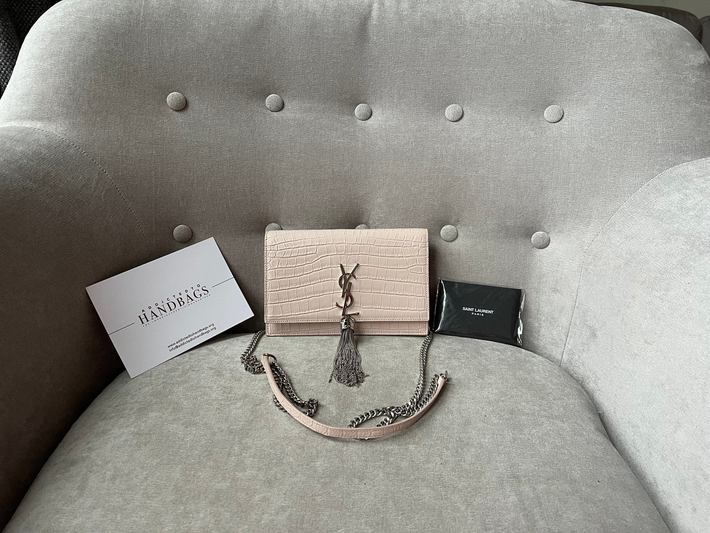 Yves Saint Laurent (YSL) Pale Pink Croc Kate Chain Wallet Silver Hardware