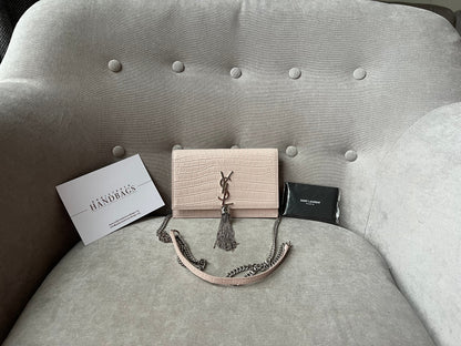 Yves Saint Laurent (YSL) Pale Pink Croc Kate Chain Wallet Silver Hardware