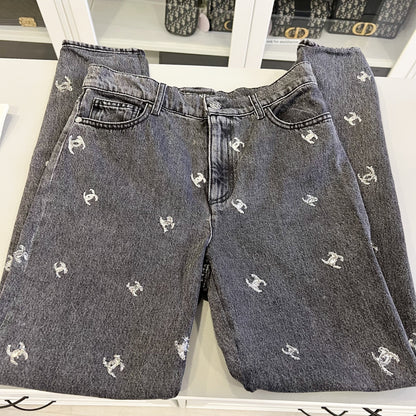 Chanel Black Denim Jeans with Silver Embroidered CC Logo Size 38