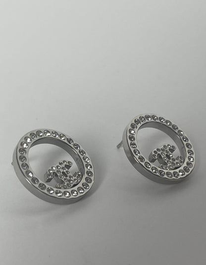 Chanel Silver Crystal Round CC Pierced Earrings