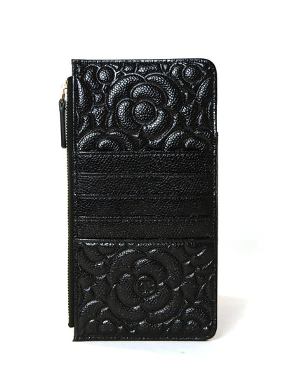 Chanel Black Caviar Camellia Embossed Classic Flat Wallet iPhone Pouch