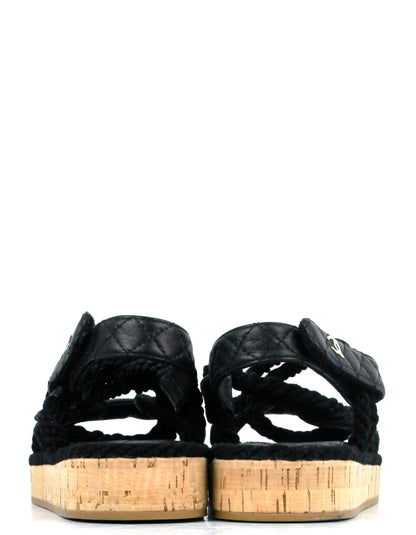 Chanel Black Cord Lambskin Quilted Logo Sandals sz 39