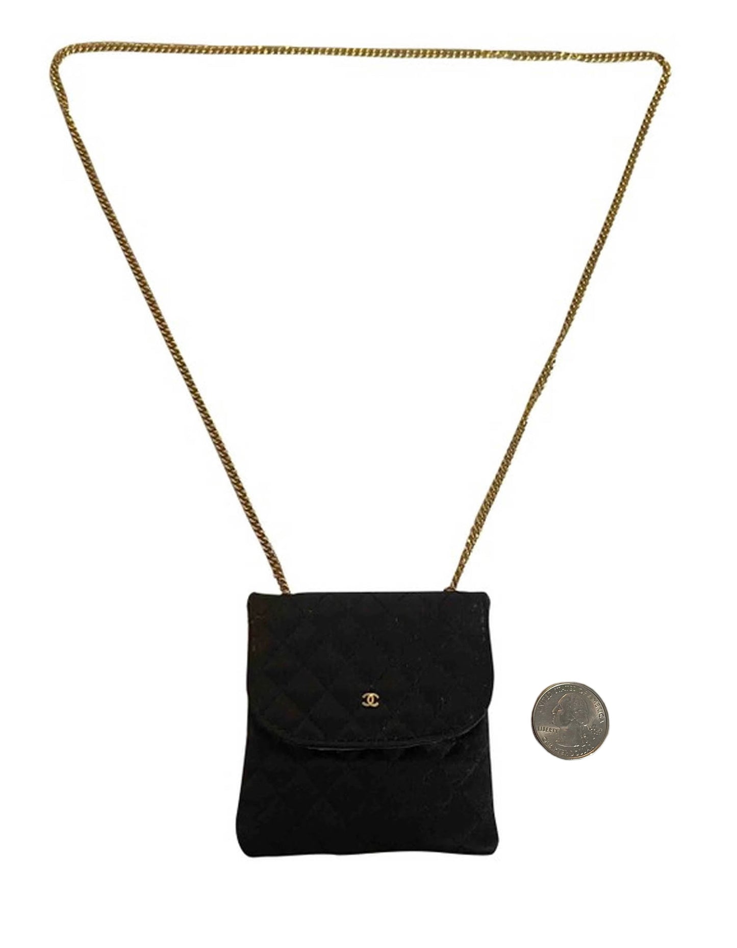 Chanel Black Vintage Quilted Satin Micro Flap Bag Necklace