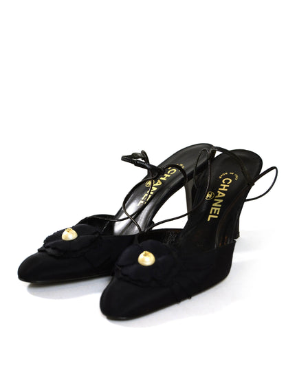 Chanel Black Grosgain Slingbacks with CC Pearl Camellia sz 37.5