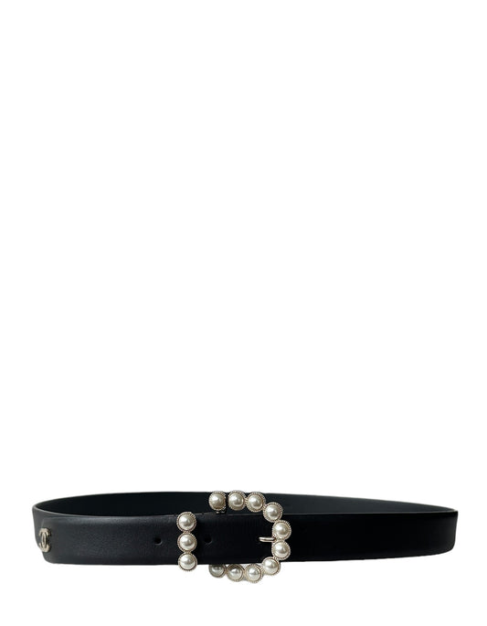 Chanel NWT Black Leather Belt w/ Pearl Buckle sz 90/36"