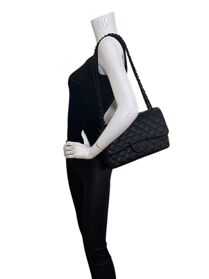 Chanel SO Black Lambskin Leather Quilted Classic Double Flap Jumbo Bag