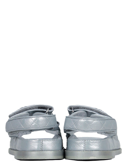 Chanel Silver Quilted Leather Velcro Dad Sandals sz 38
