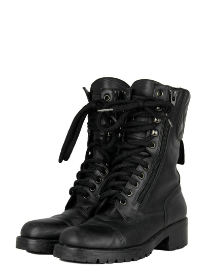 Chanel Vintage Black Leather CC Combat Boots sz 36