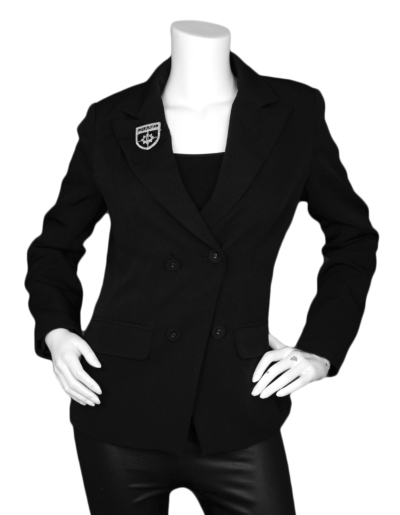 Chanel Silver Swarovski Crystal CC Shield Brooch