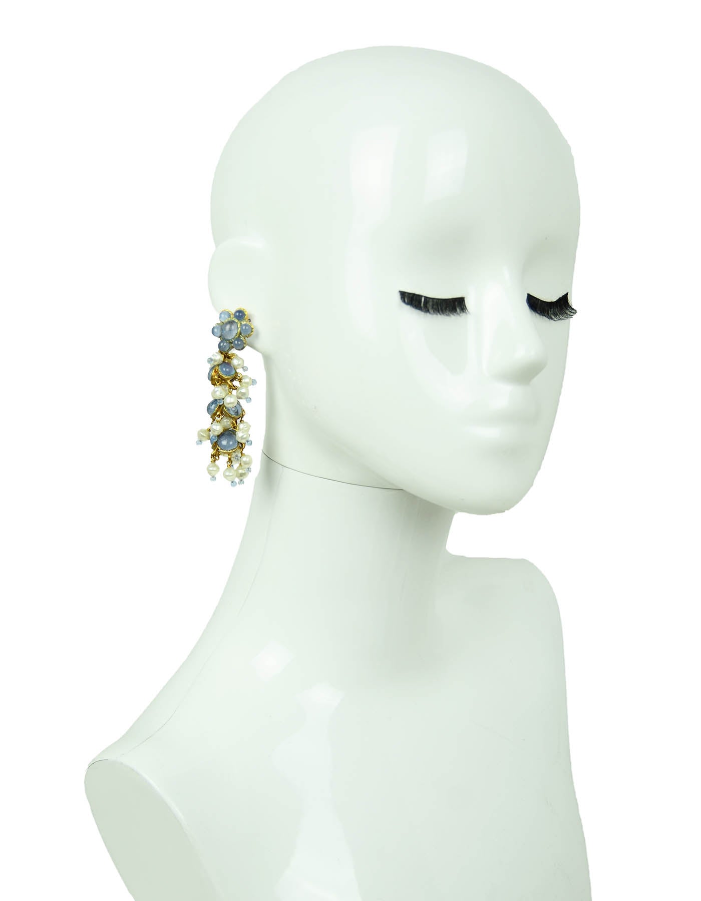Chanel '90s Vintage Blue Gripoix & Faux Pearl Statement Earrings