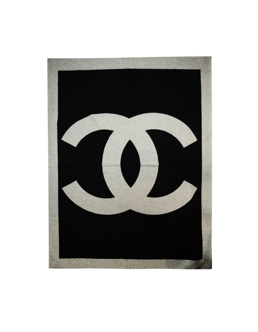 Chanel Black Grey Merino Wool & Cashmere CC Throw Blanket