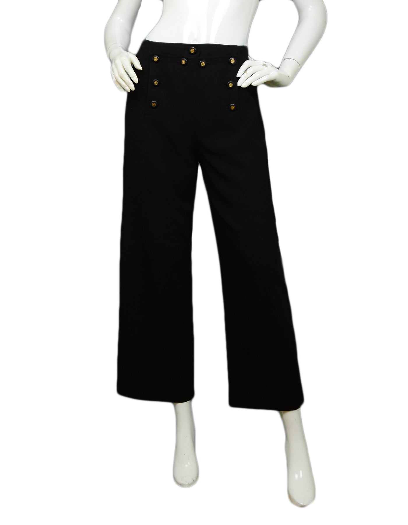 Chanel Vintage Black Wool Sailor Pants w/ 9 CC Buttons sz 34