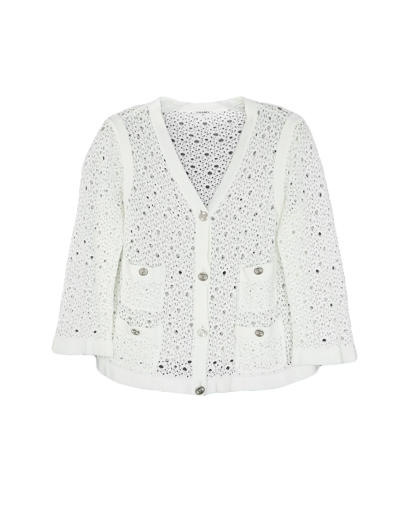 Chanel White Crochet Button down Jacket w/ 4 Pockets & 8 Silvertone Buttons sz Large
