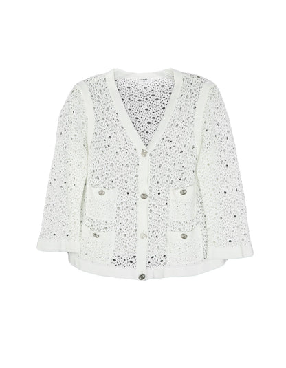 Chanel White Crochet Button down Jacket w/ 4 Pockets & 8 Silvertone Buttons sz Large