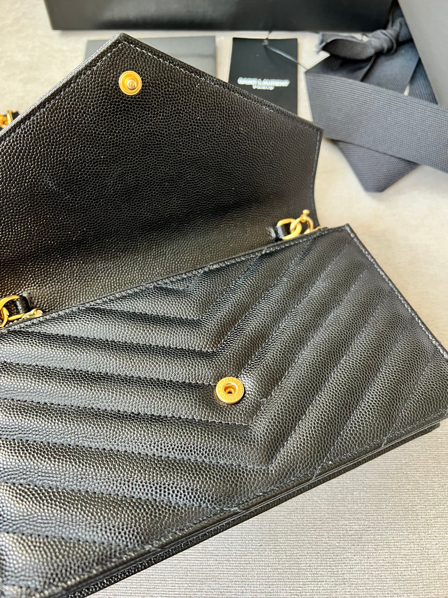 Yves Saint Laurent (YSL) Black Cassandra Envelope Chain Wallet