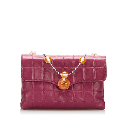 Magenta Chanel Square Quilted Lambskin Beaded Chain Shoulder Bag