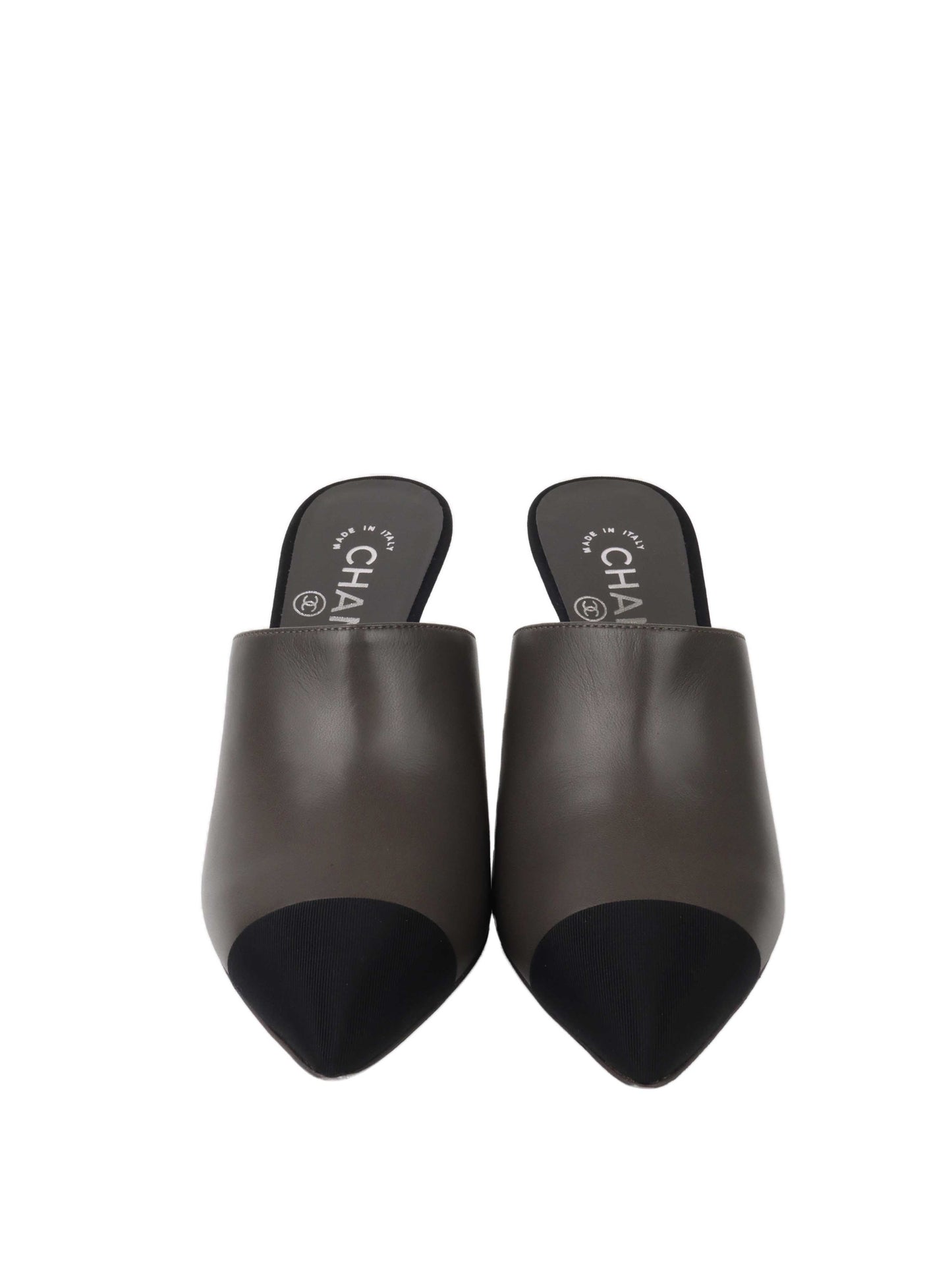 Chanel Black and Grey Mules with Pearl Heels Size 36.