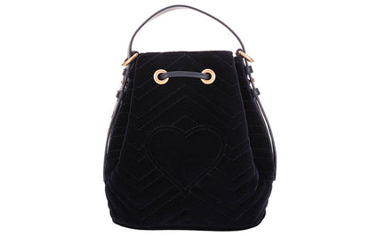 GUCCI GG Marmont Gold Label Logo Velvet Drawstring Bucket Bag Chain Handbag Black 525081-9FRDT-1000
