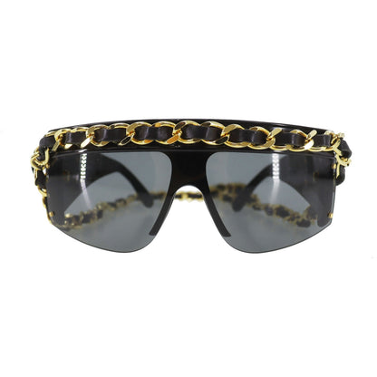 CHANEL Chain  Sunglasses Black Shield Eye Wear Italy #CU905