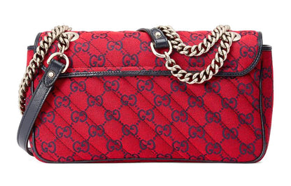 (WMNS) GUCCI GG Marmont Silver Label Logo Pattern Colorblock Leather Canvas Chain Shoulder Messenger Bag Small Red / Navy Blue Valentine's Day Limited 443497-2UZCV-6477