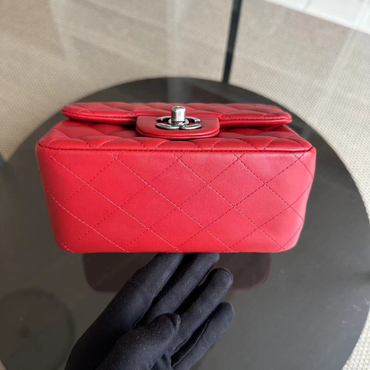 Mini Square Classic Flap Quilted Lambskin Red RSHW No 20