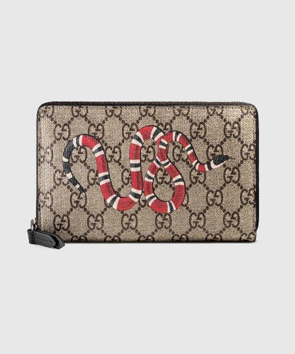 Gucci Kingsnake Print GG Supreme Zip Around Wallet Beige/Ebony