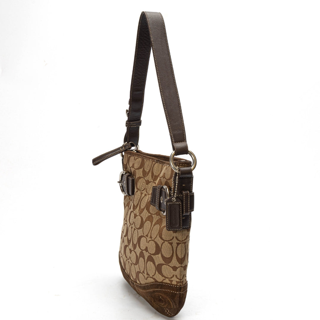 Coach Brown Signature Canvas Suede Hobo Bag
