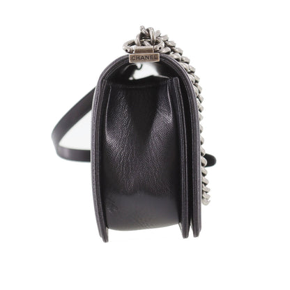 CHANEL  BOY CHANEL Shoulder Bag Black Caviar Skin Leather Vintage #DA572