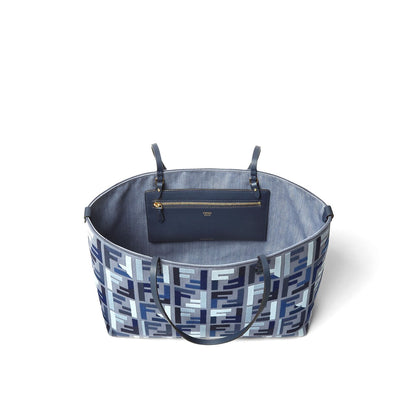 Fendi Roll Large Blue Canvas Shopper With Ff Embroidery