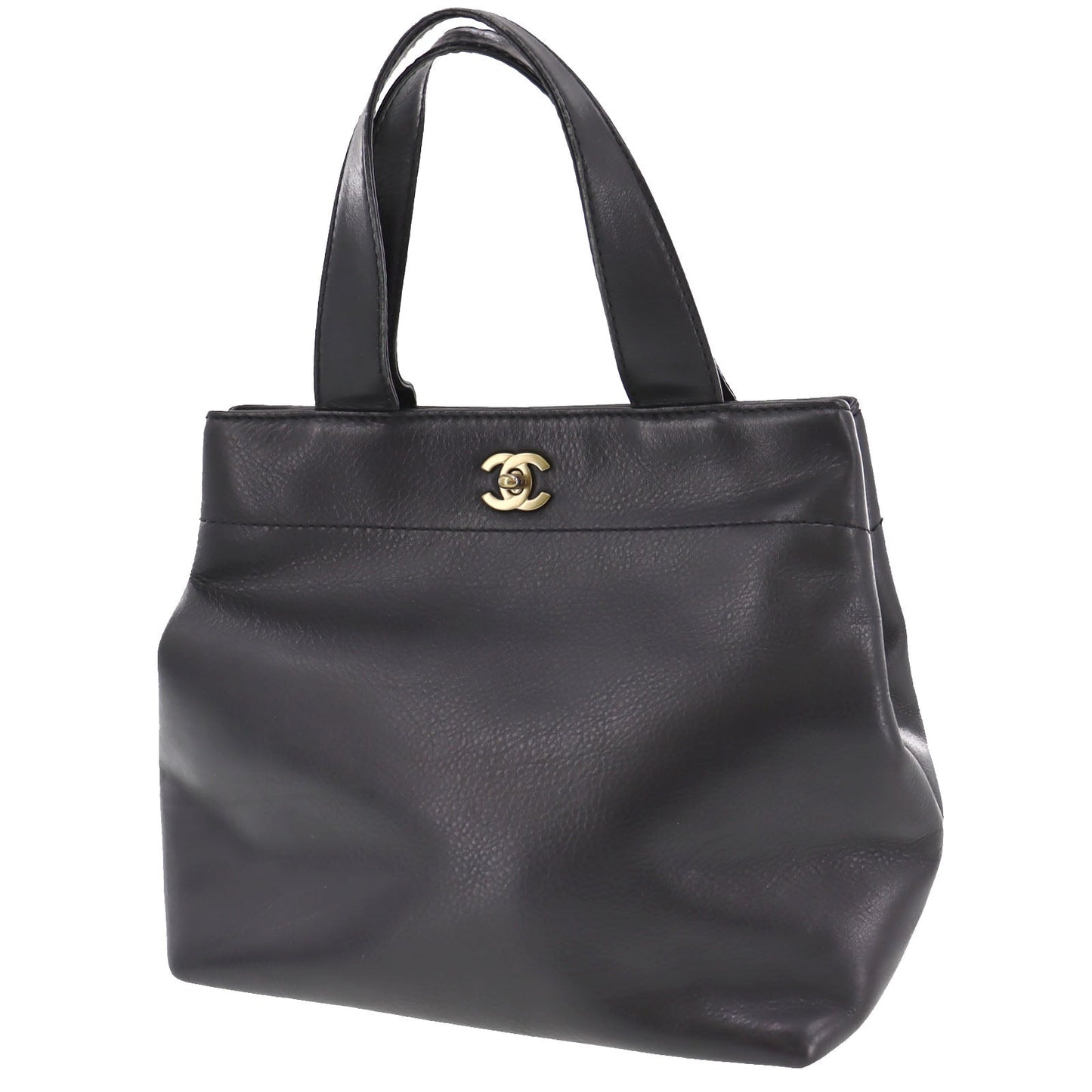 CHANEL CC Logo HandBag Black Leather #AH72