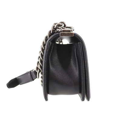 CHANEL  BOY CHANEL Shoulder Bag Black Caviar Skin Leather Vintage #DA571
