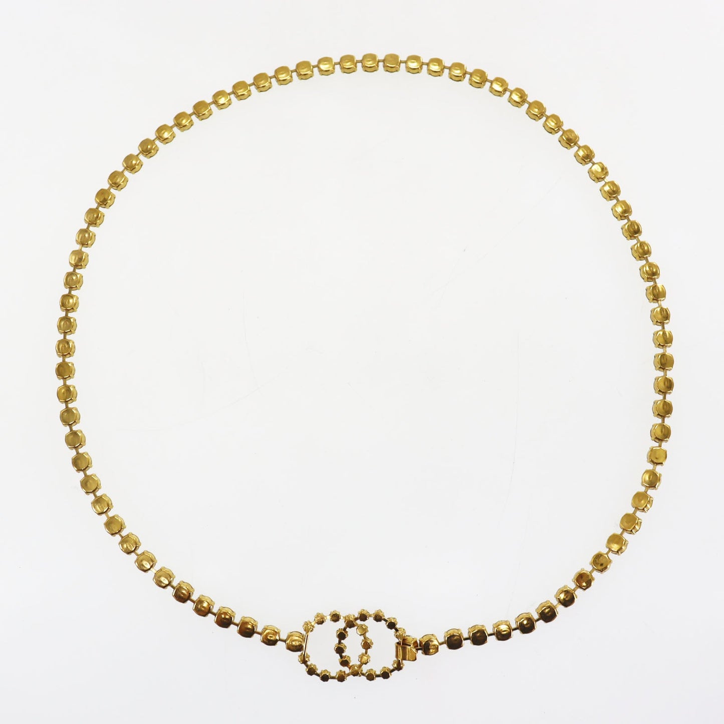 CHANEL CC Logos Rhinestone Belt Necklace Gold Plated 96P #CK417