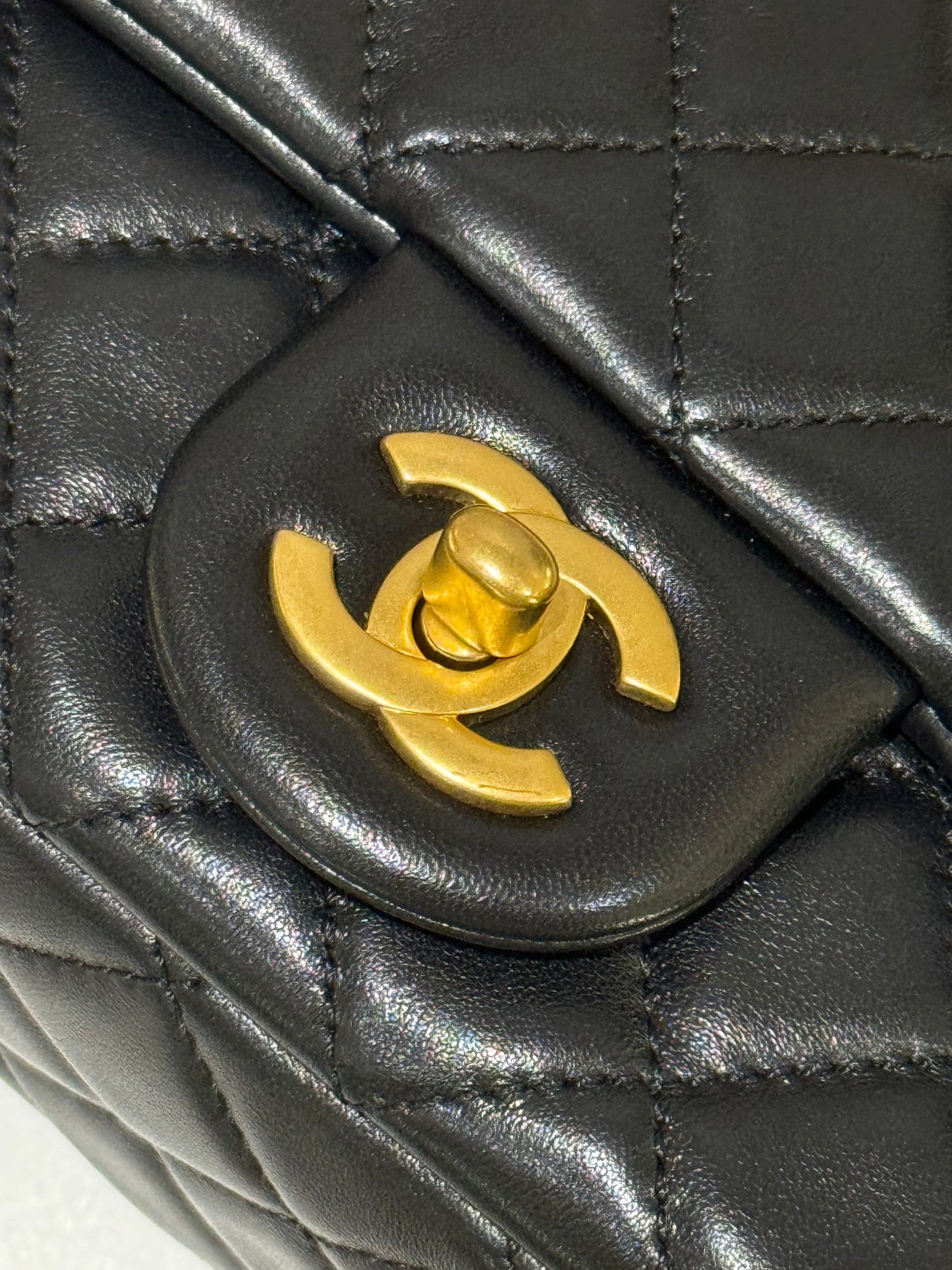 CHANEL CLASSIC FLAP MEDIUM BLACK LAMBSKIN WITH GOLD HARDWARE AND CHIP